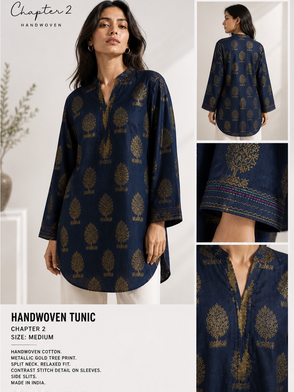 Chapter 2 Handwoven Tunic – Indigo with Gold Zari Tree‎ Motifs size M